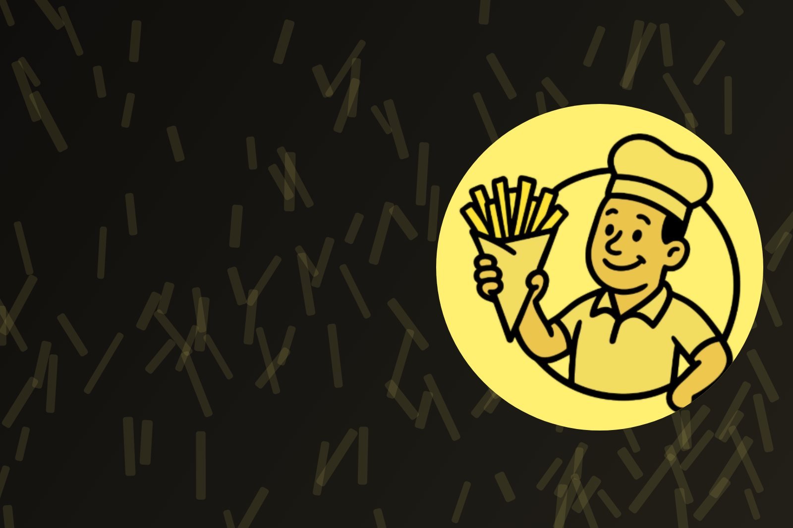 De mascotte van ’t Frietmanneke met koksmuts en een puntzak friet, op een gele schijf tegen een donkere ondergrond met gele frietjes.