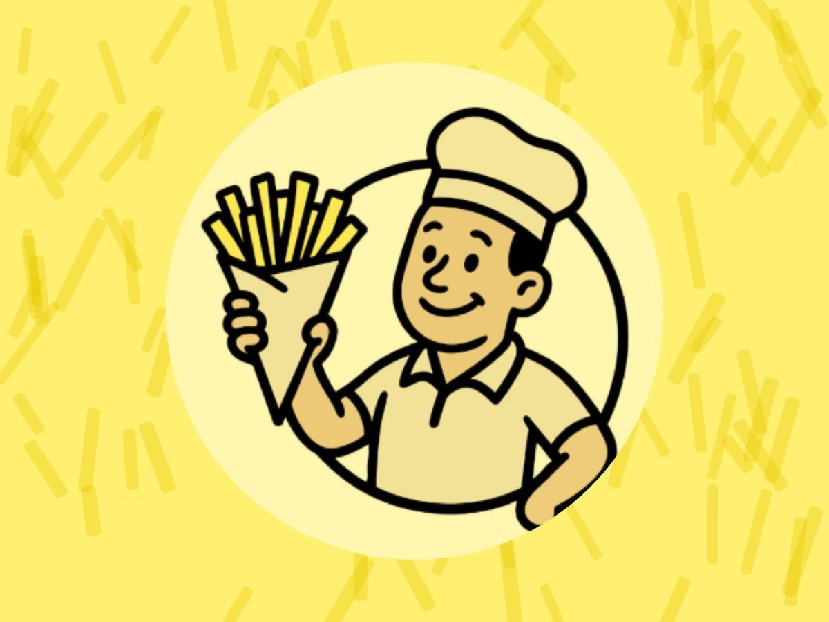 De mascotte van ’t Frietmanneke met koksmuts en een puntzak friet, op een geel vlak.